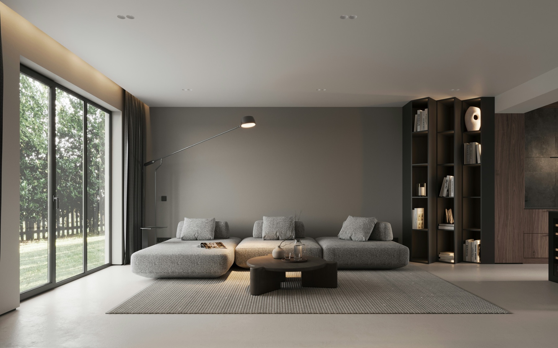 Sala minimalista con sofá gris